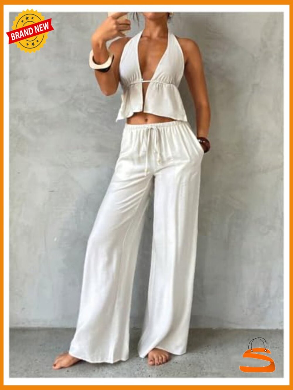 2 Piece Beach Outfit: Peplum Crop Top & Wide Leg Pants Set - Picture 5 of 5